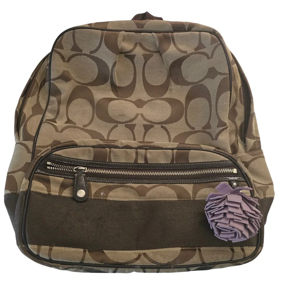 Coach Vintage Y2K Signature Jacquard Canvas Backpack Brown Tan Purple Pom Detail